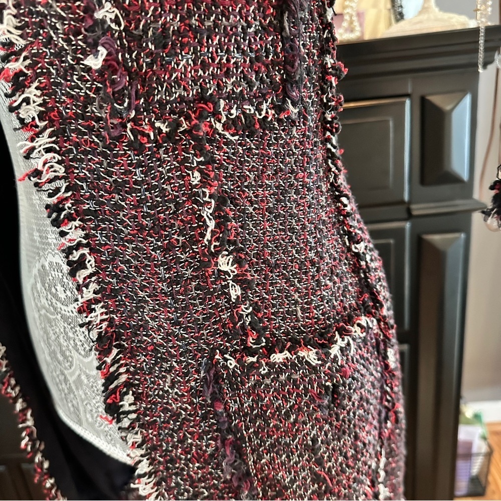 Zara Basic Tweed Longline Coat Jacket XS Black Red Fringe Bouclé - Picture 5 of 16